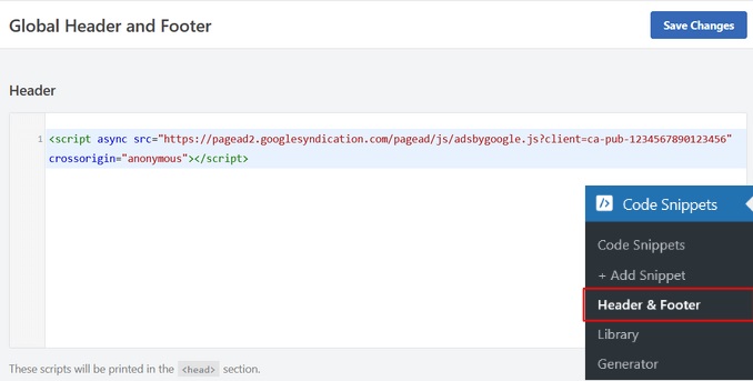 Embed ad code Using a WordPress plugin